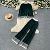 Autumn Winter Women Vintage Jacquard Knitted Sweater Trouser Two Piece Set Full Sleeve Pullover Tops and Wide Leg Pant Tracksuit