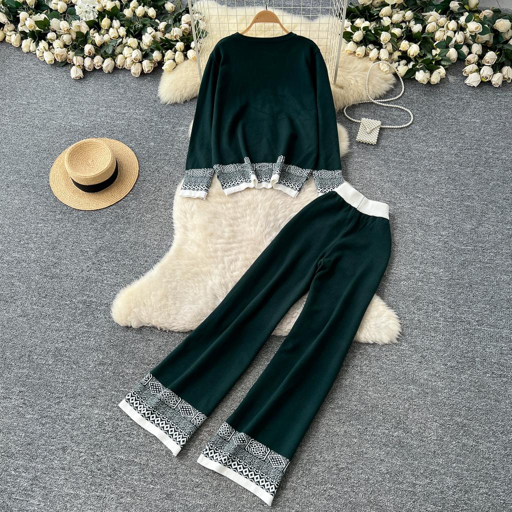Autumn Winter Women Vintage Jacquard Knitted Sweater Trouser Two Piece Set Full Sleeve Pullover Tops and Wide Leg Pant Tracksuit