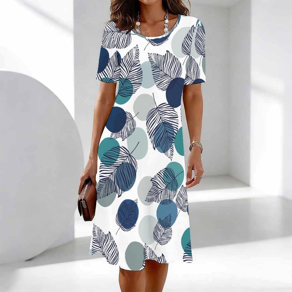 Women's Fashion Graceful Beautiful Flower Butterfly Print Summer Spring Short Sleeve O-Neck Casual Dresses