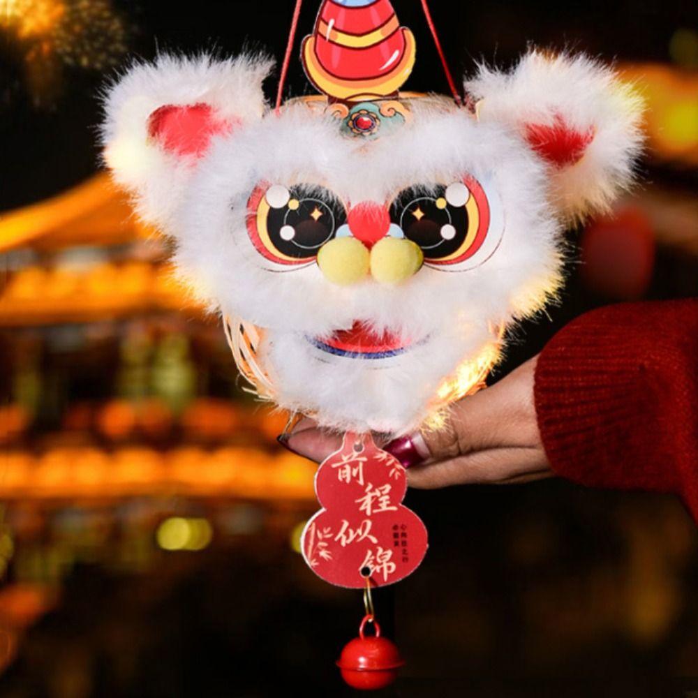 Cartoon Lion Dance Lantern Glowing Bamboo Handheld Lantern with Bells Ancient Style Chinese New Year Decor Event