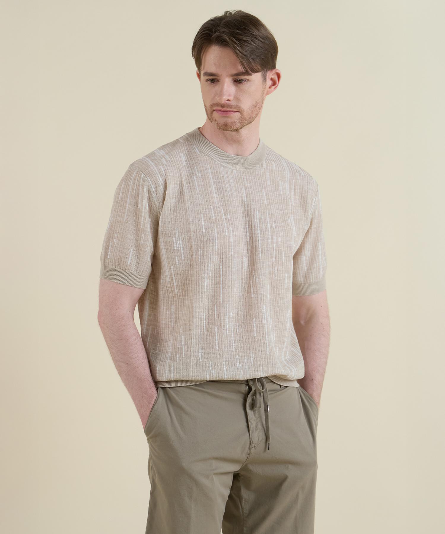 Panicalle Beige Striped Short Sleeve Crew Neck Knit Beige/L