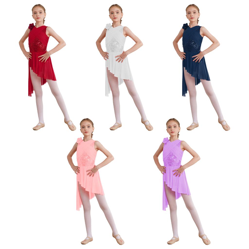 Lyrisches Tanzkleid für Kinder, Mädchen, glänzende Pailletten, gerüschtes, transparentes Mesh-Overlay-Kleid, ärmellos, asymmetrischer Rock, Tanzkleidung