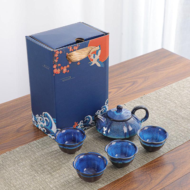Ceramic Tianmu Glaze Kiln Change Kung Fu Tea Set 24 Cup Teapot Teacup Business Souvenir