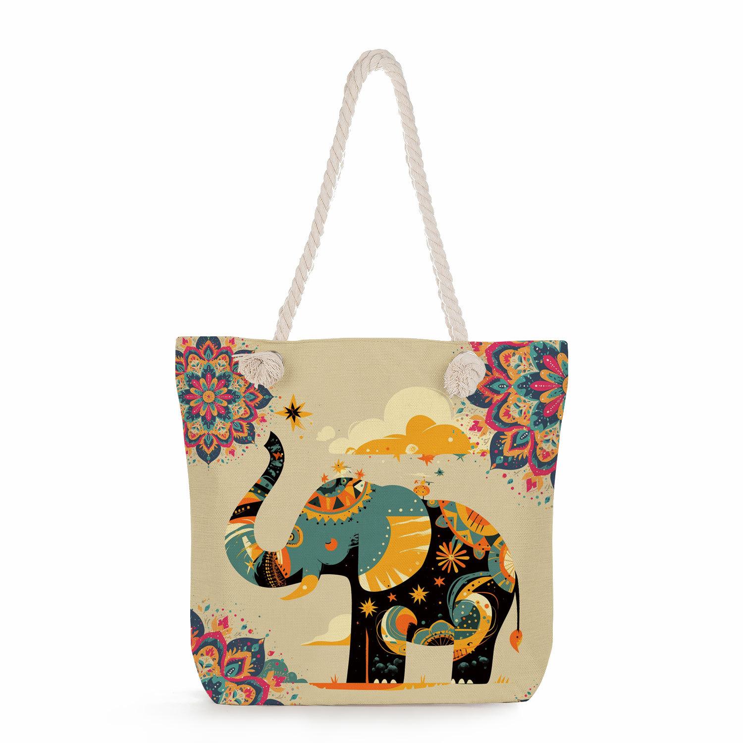 Elephant print thick rope single-shoulder beach bag 7324 KTB