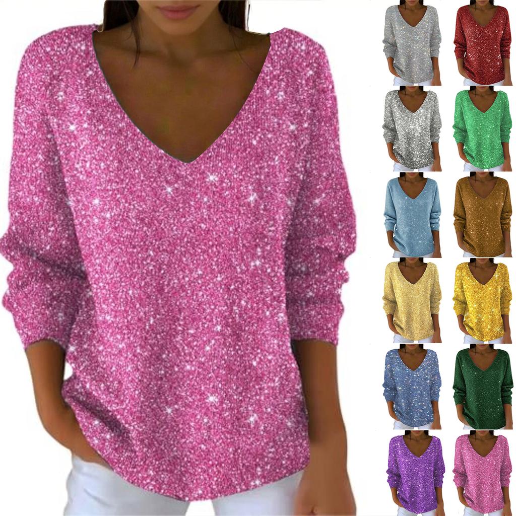 Women's Casual Daily Long-Sleeved V-Neck Faux Sweater Knitted Pullover Top With Sequins