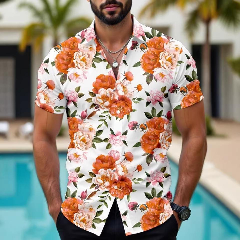 Men Casual Short Sleeve Hawaiian Tropical Floral Print Shirt S оранжевый