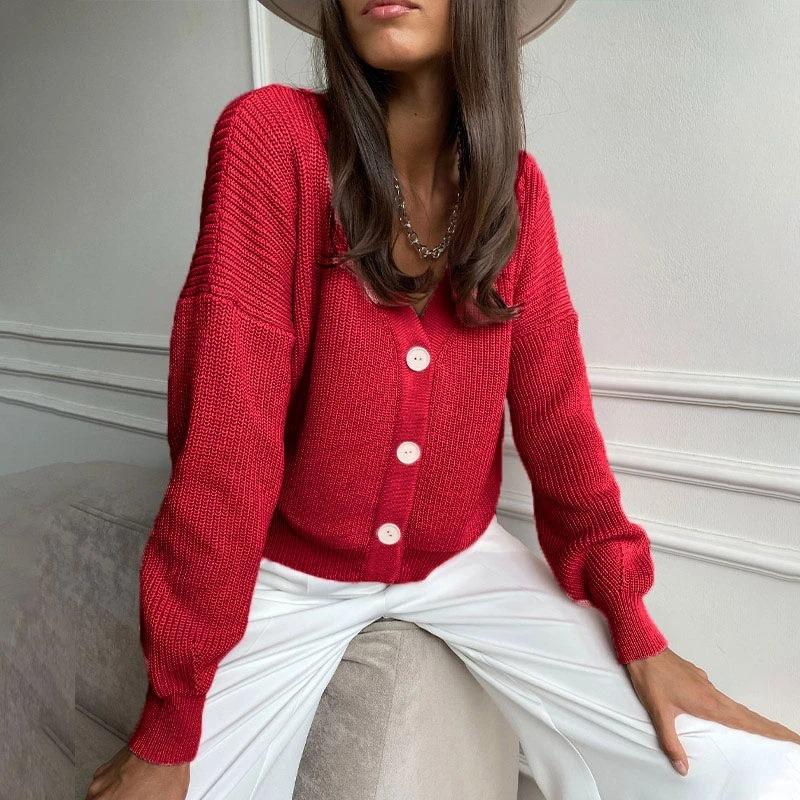 Single Breasted Cardigan V-neck Short Sweater Women Long Sleeved Warm Jacket Solid Color Knit Base Shirt Commut Loose Casual Autumn Winter