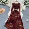 Chic sexy print mesh Ruched dress long sleeve Fairy Casual A-line autumn winter  Vestidos Women Party dress