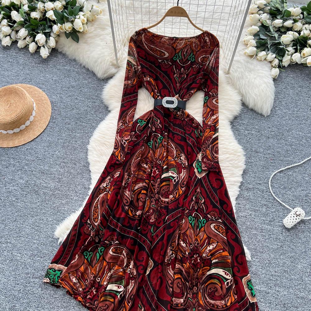 Chic sexy print mesh Ruched dress long sleeve Fairy Casual A-line autumn winter  Vestidos Women Party dress