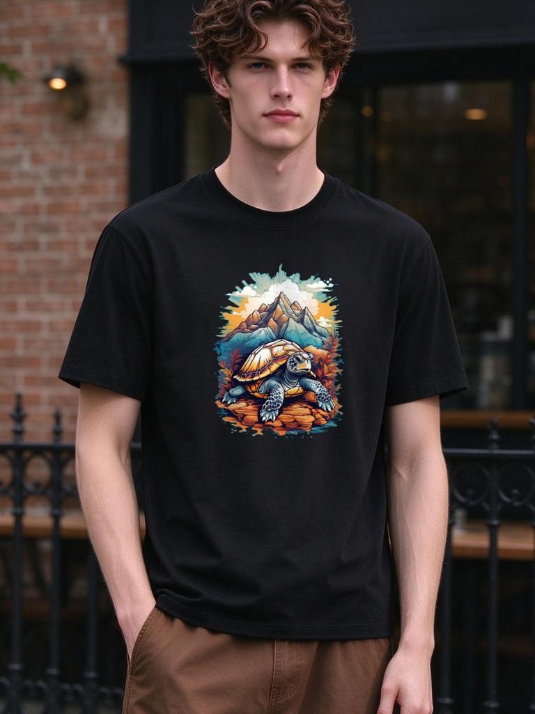 Unisex T-Shirt Cute Turtle Mountain Print Casual Summer Soft Fashion Top