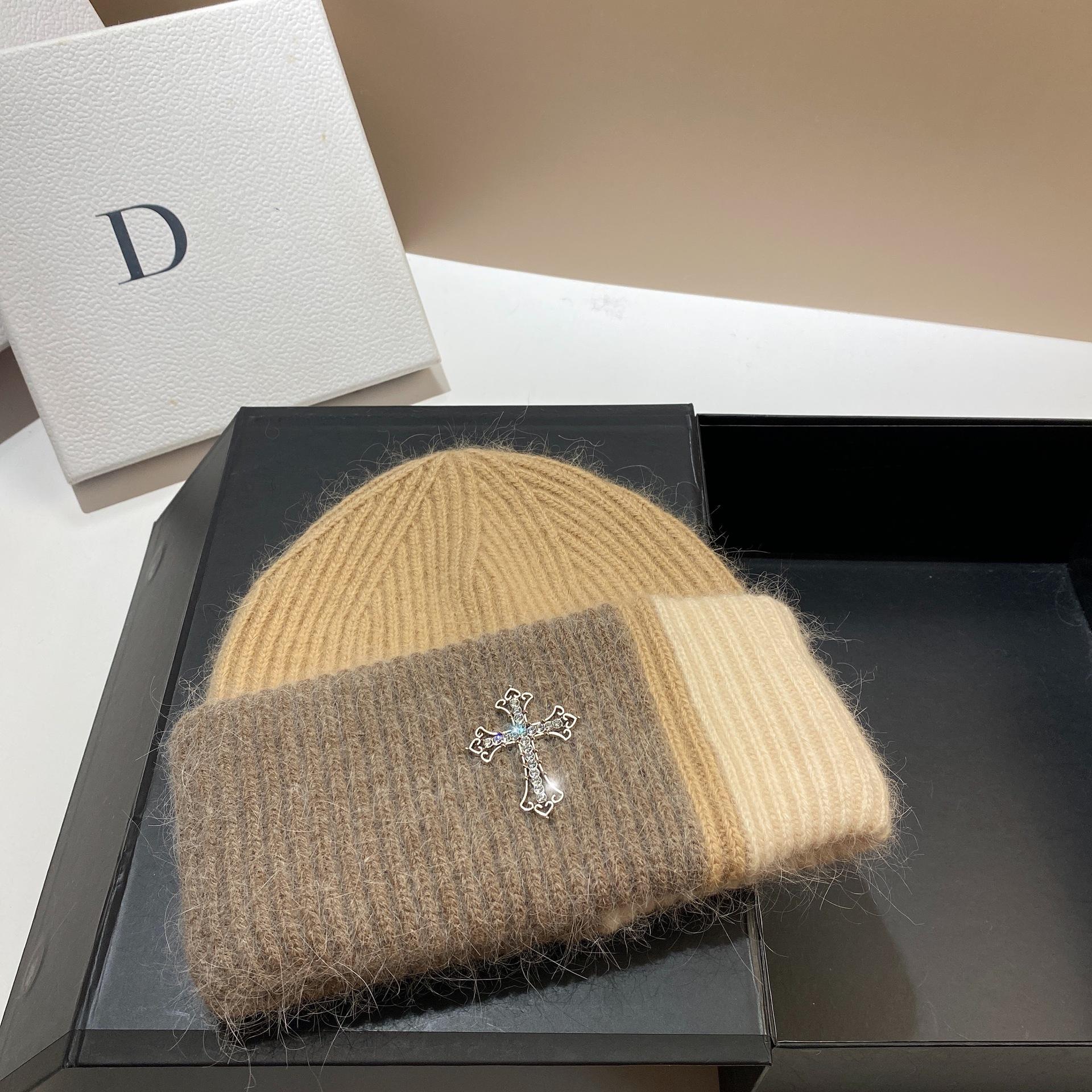 Nordic Winter Cross Angora Rabbit Fur Knitted Hat Trendy Sweet Cool Color Matching Pile Wool Hat one size fits all верблюд