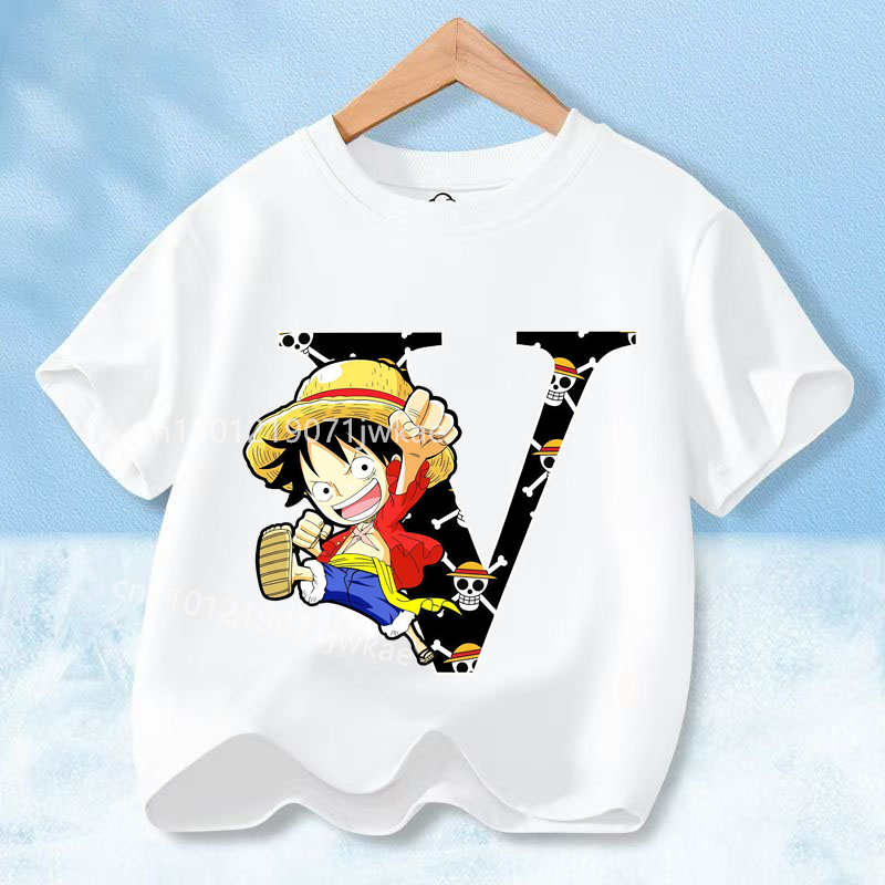 2026 New One Piece Letter A-Z Anime Luffy Gear  Cartoon Graphic Cotton T-shirt for Children Summer Sports Tees Casual Kids Tops