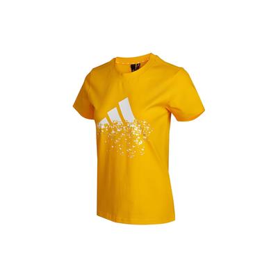 T-shirt da donna a maniche corte con scollo rotondo e stampa logo, top gialli HB6600