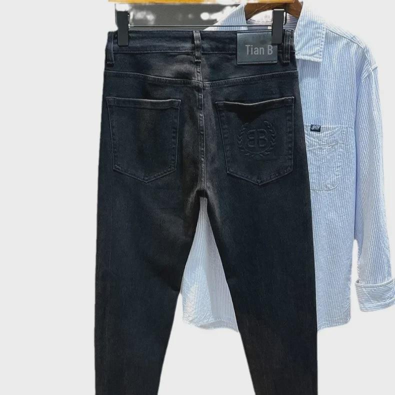 Men's Slim Fit Elastic Embossed Jeans - Black European Autumn/Winter Collection