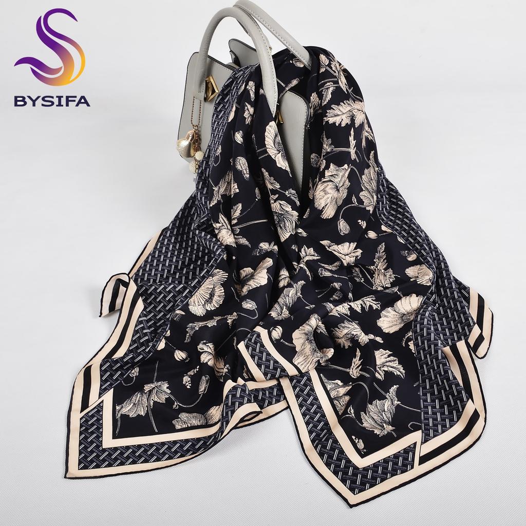 BYSIFA| Black Grey Women Pure Silk Scarves Hijabs Elegant Blue Butterfly Design 100% Mulberry Silk Square Neck Scarf Shawl 108cm