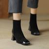 Krazing Pot Cow Suede Winter Vintage Shoes Square Toe Basic Style Thick High Heels Zipper Fashion Boots Women Ankle Boots