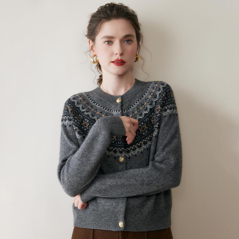 Women's Retro Fair Isle Cashmere Cardigan - Soft Long Sleeve Wool Sweater with Round Neck