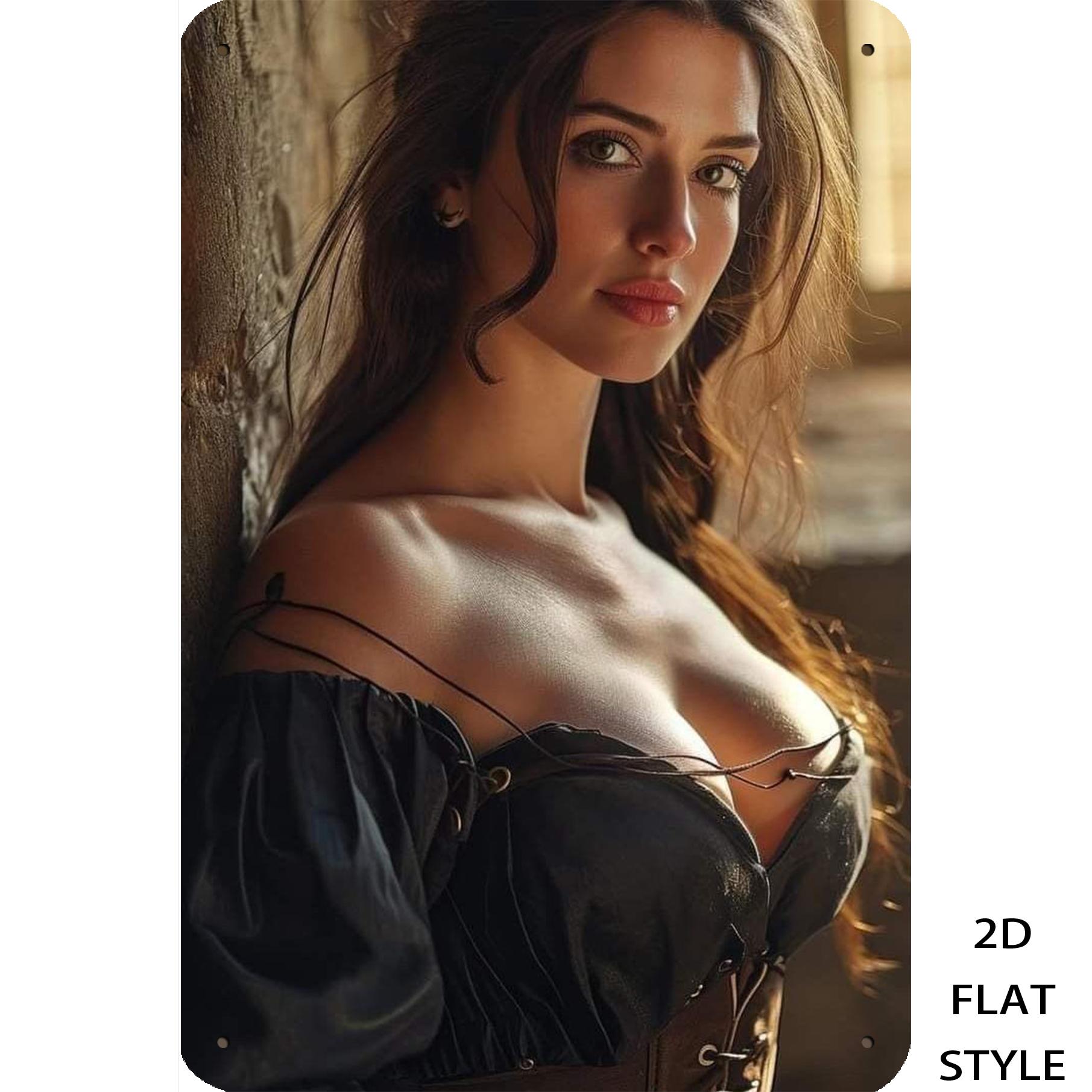 

HD Metal Tin Sign Seductive Medieval Woman in Black OffShoulder Corset Rustic Stone Wall Scene Vintage Wall Art Plaque Retro D 20x30cm（7.8x11.8inch）