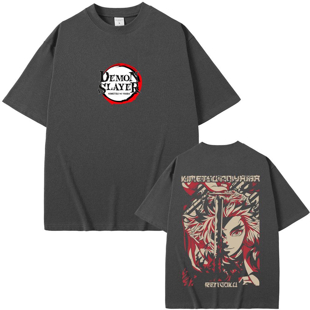 Anime Demon Slayer Rengoku Kyoujurou Double Sided Print T-shirt Summer Men Women Casual Oversized Tshirt Male Vintage T Shirts