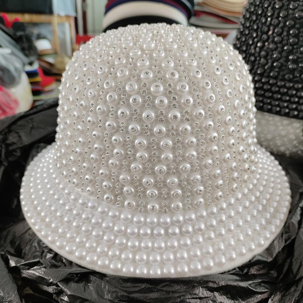 Blue/Beige Pearl Fedora Hat Bling Fedora Jazz Hats For Men And Women Handmade Advanced Fashion Outdoor Party Stage Hat