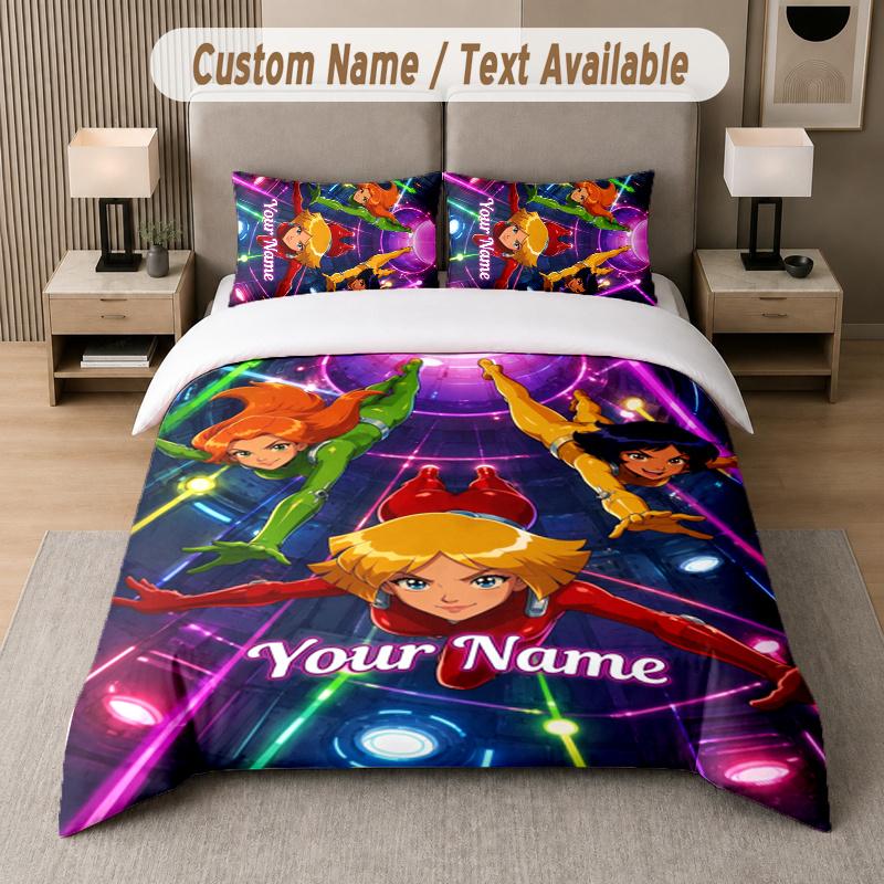 Benutzerdefinierter Name Totally Spies 3-teiliges Bettwäsche-Set Personalisierter Text Bettwäsche Kissenbezüge Schlafzimmer