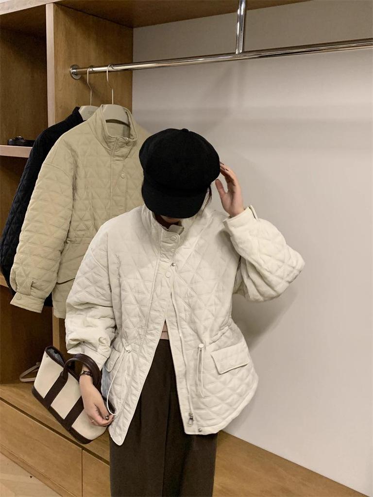 Korean-Style Diamond Pattern Lightweight Down Cotton Jacket for Women - Stand Collar, Waist-Cinching, 2025 Autumn/Winter Collection