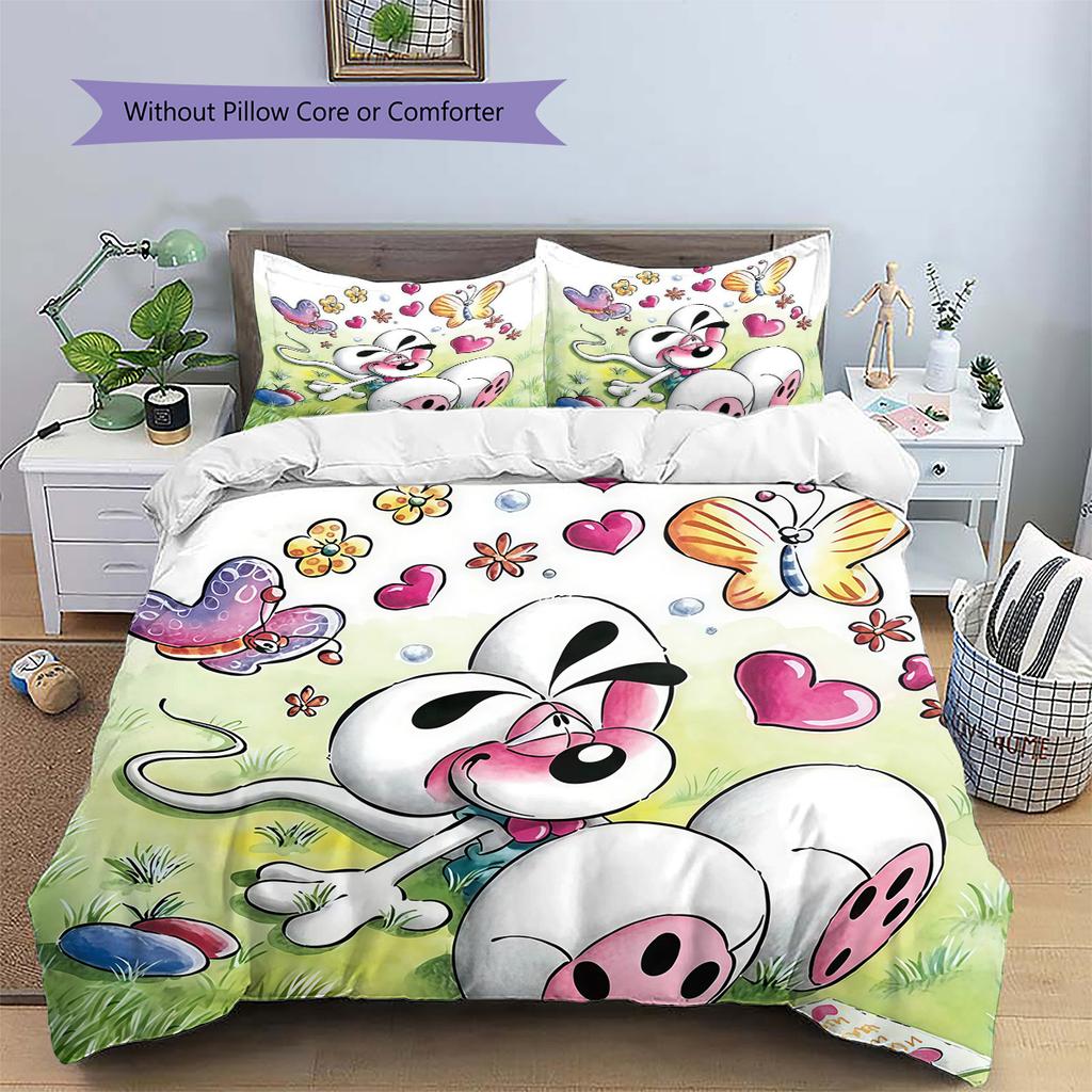 Diddl the Jumping Mouse Pattern Bedding Quilt Set Home Decoration Gift (1 * Duvet Cover + 2 * Pillowcase Without Core)