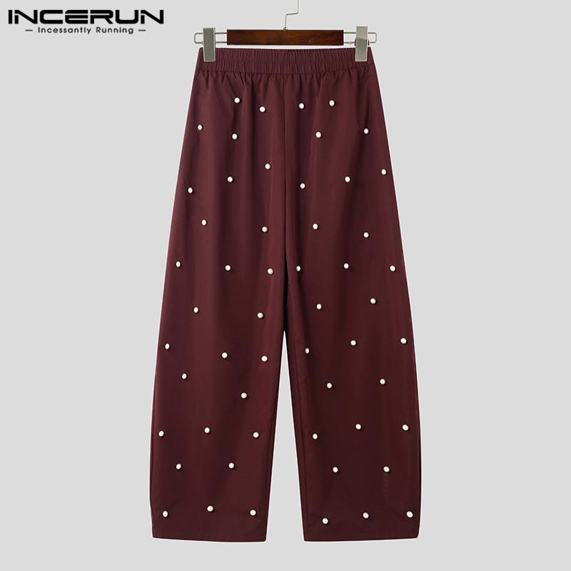 INCERUN Oversized Men Elastic Waist Front Pearl Decoration Patchwork Casual Long Pants Trousers 