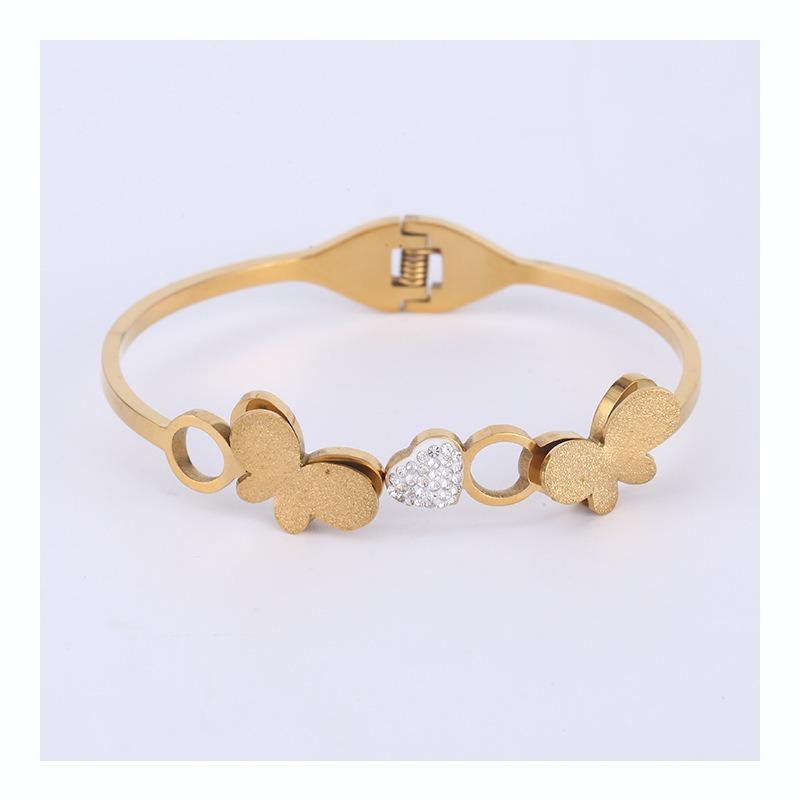 Heart-shaped diamond-studded titanium steel bracelet, double-sided brushed butterfly stainless steel bracelet, women's gold bracelet