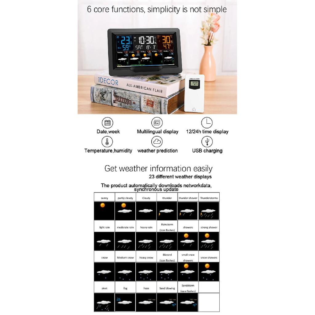Tuya WIFI Smart Weather Station Color Screen APP Control Weather Alarm Clock Indoor and Outdoor Temperature Humidity Meter