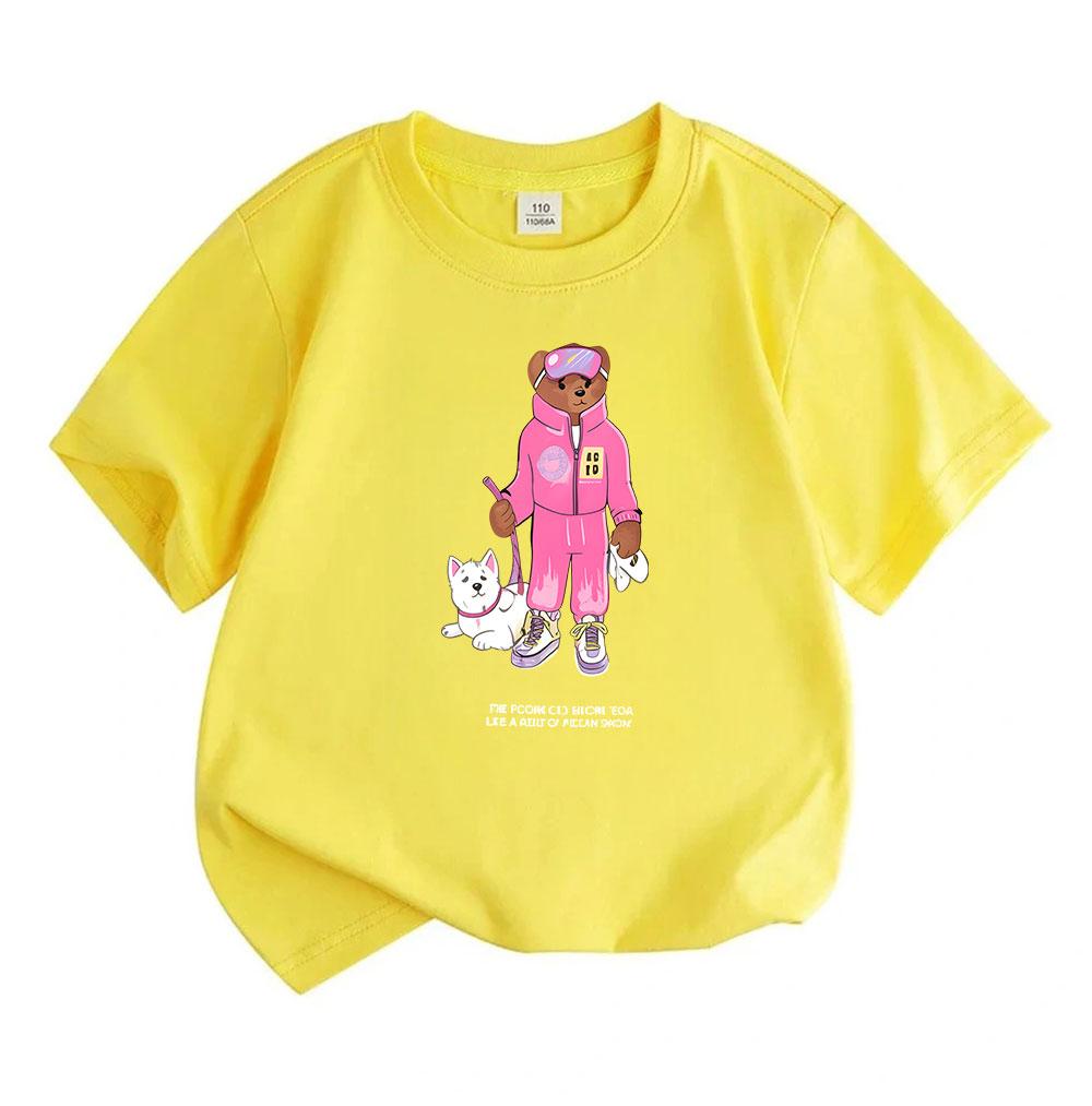 Kids Unisex 100% Cotton Crew Neck Short Sleeve T-Shirt, Cute Cartoon Bear in Pink Tracksuit with Pet Dog Print Casual Soft Tee for Boys Girls Daily We