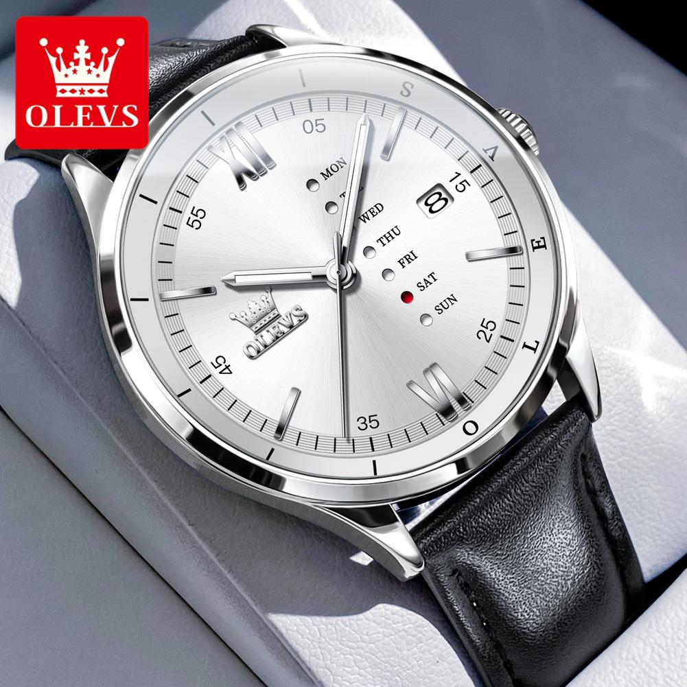 OLEVS Men's Watches Casual Fashion Leather Strap Waterproof Luminous Date Week Original Brand Quartz Wristwatch for Man Trend