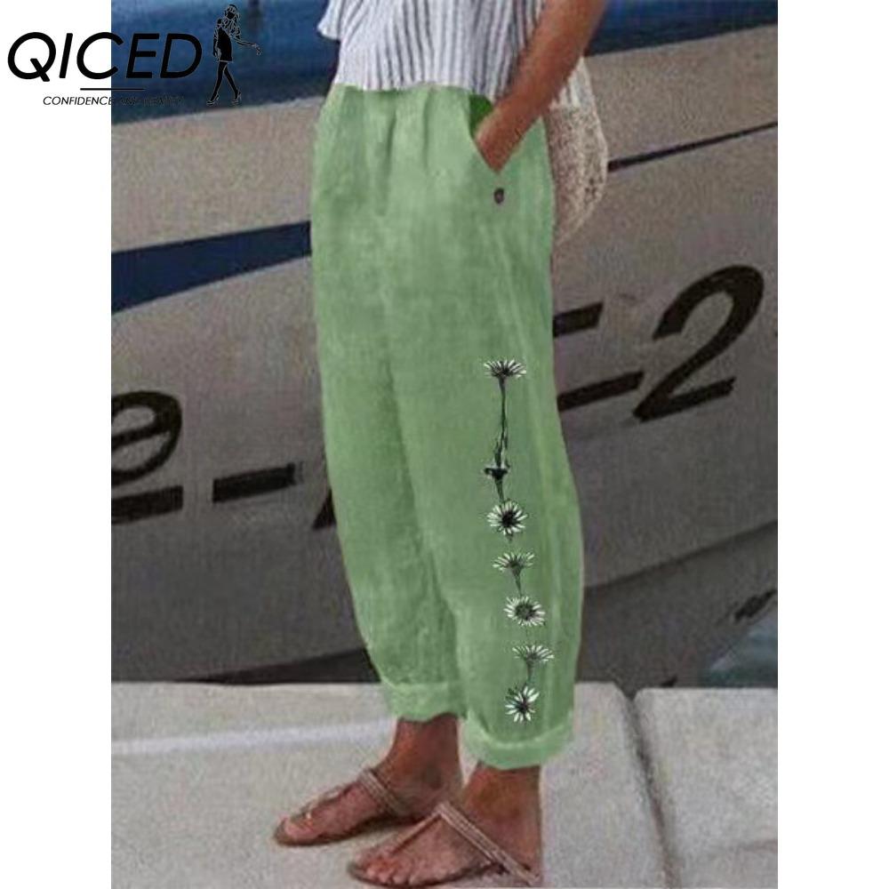 QICED Fashion Popular Floral Print Harem Pants with Flower Pockets Mid Waist Trousers Streetwear