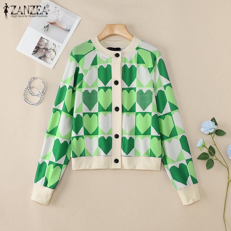 

ZANZEA Womens Heart Print Casual Long Sleeve Thin Cardigan Blouse S зелёный
