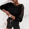 Womens Lace Sleeve Knit Sweater Crew Neck Long Sleeve Hollow Out Floral Pullover Tops