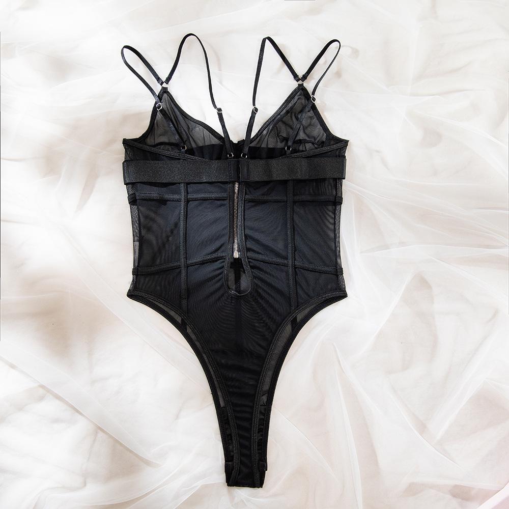 European and American Style Sexy Women's Bodysuit Set: Mesh See-Through, Deep V, Double Spaghetti Straps, Solid Color.