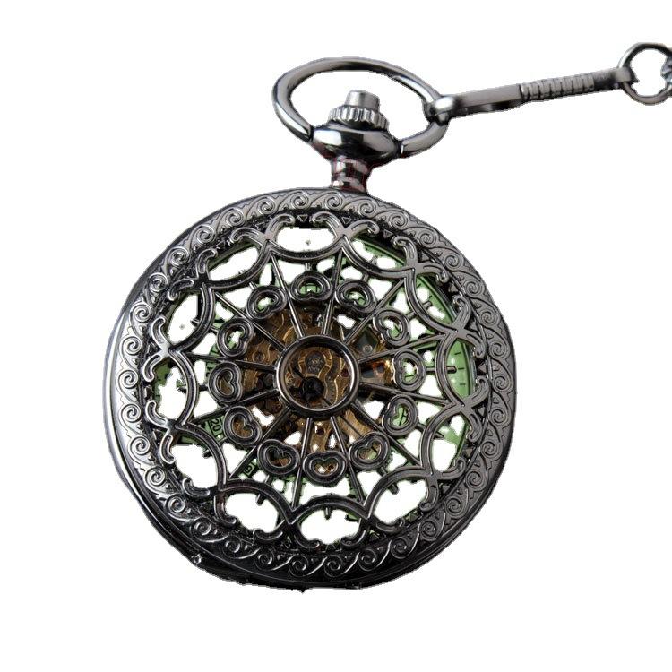 Classic Bronze Silver and White Fashionable High-end Spider Web Hollow Pocket Watch Mechanical Male and Female Student Retro Chain Pocket Watch