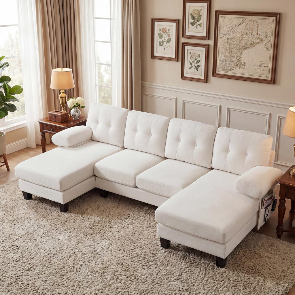 Divano Angolare a U a 4 Posti con Chaise Longue, Divano Moderno in Chenille, Divano Letto con Schienale Regolabile, Divano per Ospiti per Soggiorno e Ufficio, Beige
