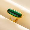 Green Striped Stone Vintage Gold Color Stainless Steel Open Adjustable Rings For Women Men Accessories Finger Jewelry Sun Flower