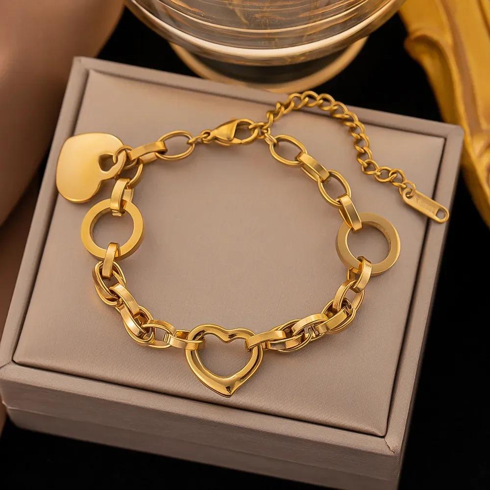 Golden Chain Heart Charm Bracelet Dainty Paperclip Link Wristband Adjustable Statement Jewelry Gift for Women Girls