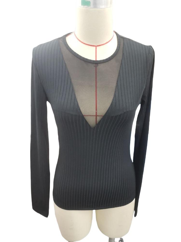 Ladies Sexy Front Mesh Splicing Hollow Out Solid Color Long-sleeved T-shirt Slim Thin Tops Versatile Closet Essential Fashion Items Shirt