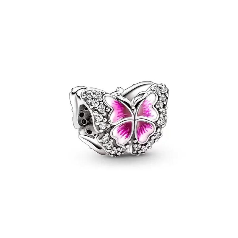 925 Silver-Plated Charms Jewelry Gift Sparkling Pink Air Balloon&Cherry Blossom Dangle Bead Fit Original Silver Bracelet