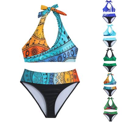 Biquíni sexy feminino com estampa de divisão e bojo sem suporte de aço