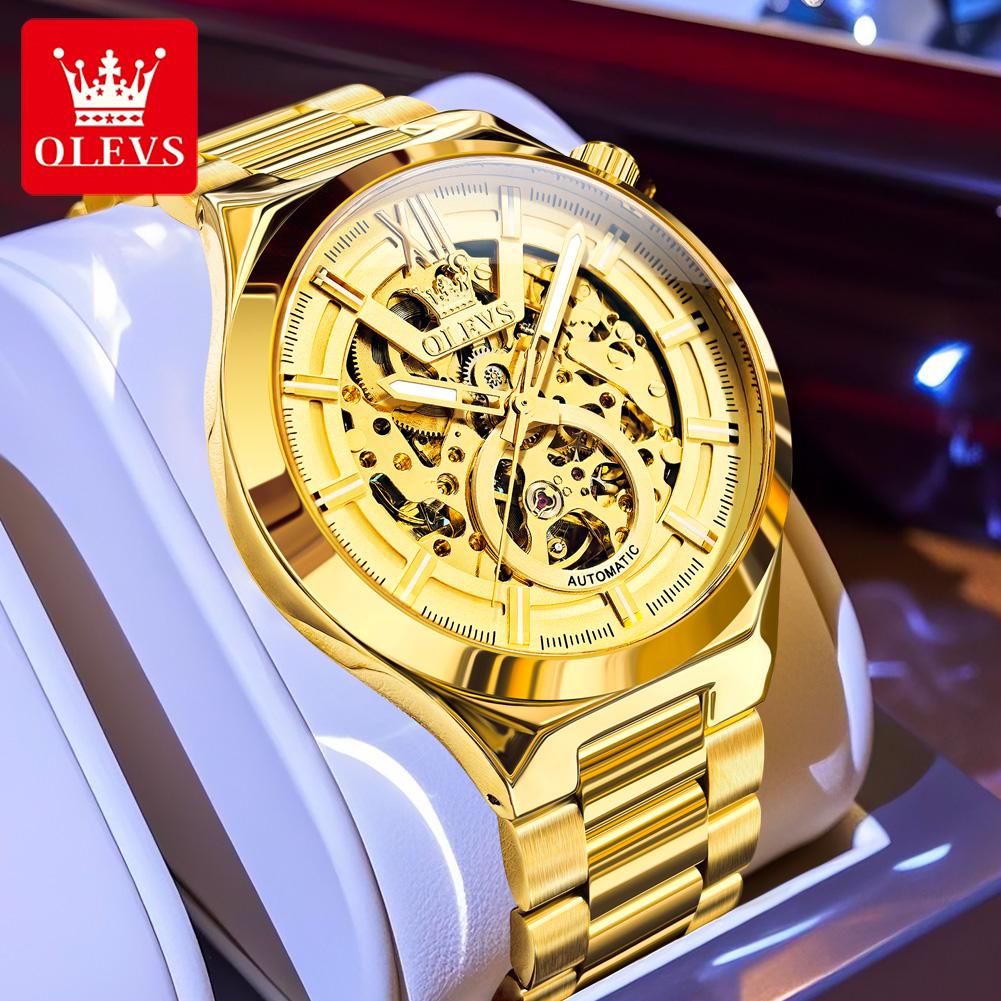 OLEVS 6722 Business Skeleton Automatic Mechanical Watches Man Waterproof Luminous Stainless Steel Wristwatches for Man Relogio