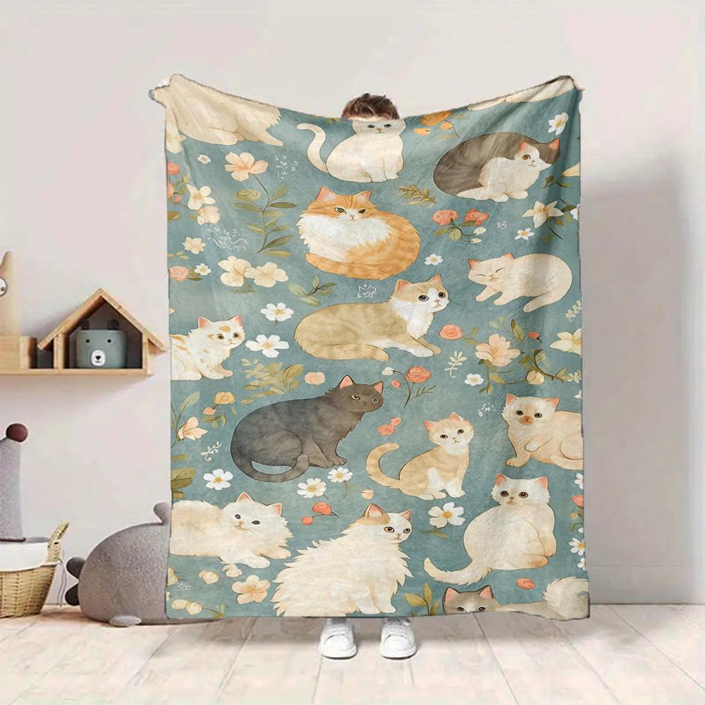 1pc Cats Flowers Lightweight Flannel Blanket, Comfortable and Warm Blanket, for Office and Camping Sofa Bed, Livingroom107