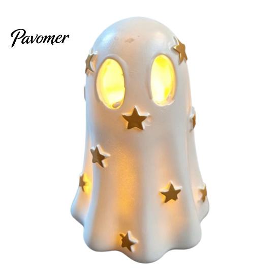 Warm LED Bedside Lamp Halloween Ghost Decoration, Cute Light Up Figurine, Spooky Resin Small Night for Bedroom Statue with Shelf Mantel Indoor