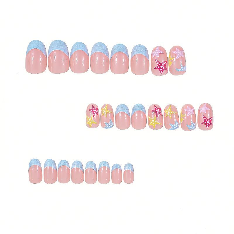 Short Glossy Oval Hot 24 Pieces Nail Art Cool and Fresh Summer Starfish Blue French Wearing Nail Art