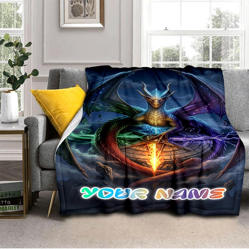 1PC Custom Name Epic Dragon Fantasy Art Flannel Blanket Versatile,all-season Throw Suitable for the Living Room,bedroom,camping,travel,and Gift