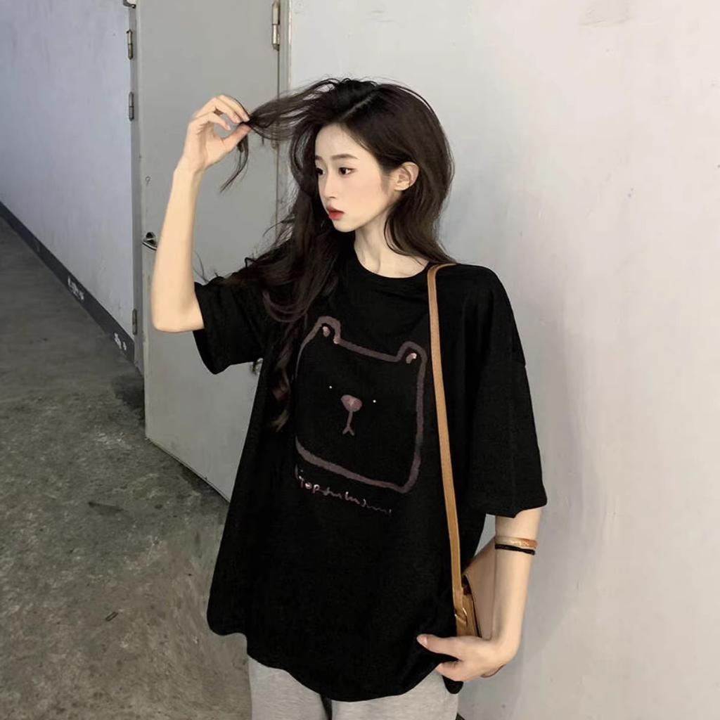 Large Size Fat MM Lazy Hong Kong Style Bear Print Short-sleeved T-shirt Women's Pure Cotton Loose Medium and Long Front Shoulder Couple Top