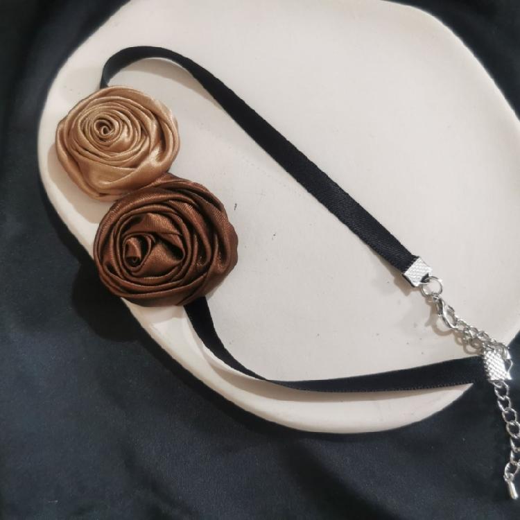 Soft Brown Flower Choker Tie Cravat Accessory Teen Girl Rose Flower Choker
